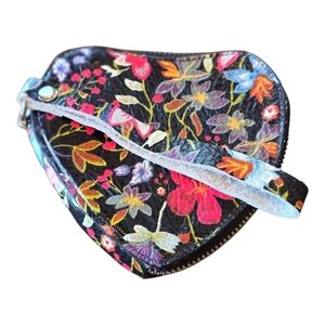 Floral Heart Black Leather Handcrafted Wristlet Pouch